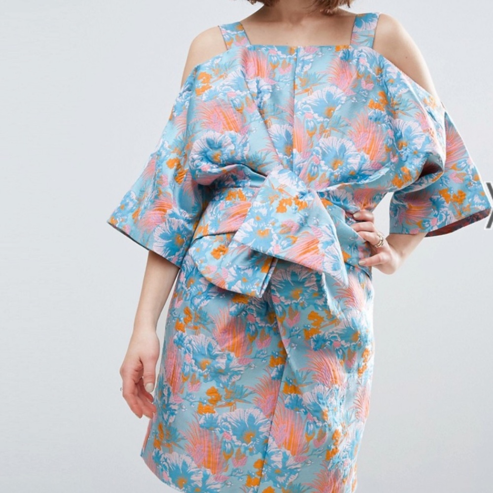 ASOS SALON Bow Front Kimono Mini party Dress in Tropical Jacquard size us 12